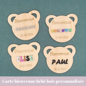 Carte naissance colorée bébé personnalisée en bois, Souvenir de naissance, Cadeau de Naissance, Carte bienvenue bébé personnalisable