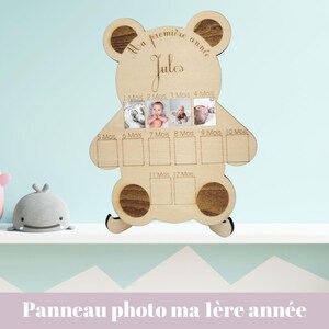 Panneau bois ours  Ma Première Année, Cadre Photos Pêle-Mêle Ours en Bois Personnalisé, Panneau photo souvenir ourson, cadeau naissance