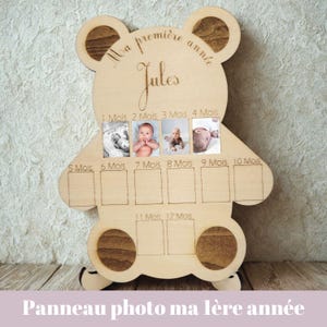 Panneau photo souvenir ours en bois bébé Ma Première Année, Souvenir Première Année de Bébé, cadeau naissance personnalisé, Tableau Photo