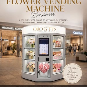 May include: A cylindrical white flower vending machine with a digital touchscreen, illuminated shelves displaying bouquets, a heart-shaped rose arrangement, and a teddy bear. The top sign reads ORO GIFTS LUXURY GIFTS & FLOWERS. Text overlays include HOW TO PROMOTE FLOWER VENDING MACHINE BUSINESS and INCLUDES BONUS CHECKLISTS & MARKETING IDEAS.