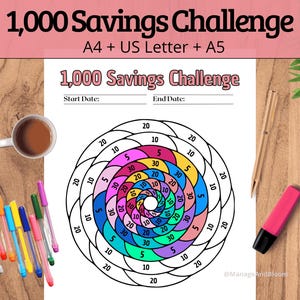 May include: A financial savings chart with the text "1,000 Savings Challenge." The chart is a spiral design with numbered sections. A cup of coffee, pens, and a highlighter are on a wooden surface.