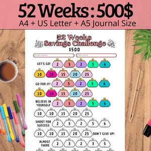 Op de afbeelding: Een printbare 52-weekse spaaruitdaging met een doel van $ 500. De grafiek heeft een kleurrijk ontwerp met portemonnee-pictogrammen en de tekst "Let's Go!" "Go For It!" "Believe In Yourself" "Shoot For Success" "Almost There" en "Don't Give Up!"