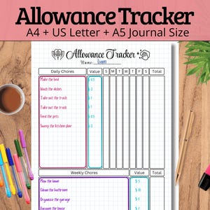 Peut inclure: Un tableau de suivi des allocations pour enfants à imprimer. Le tableau comporte une grille pour les tâches quotidiennes et hebdomadaires, avec une valeur attribuée à chaque tâche. Le tableau est conçu pour les formats A4, US Letter et A5.