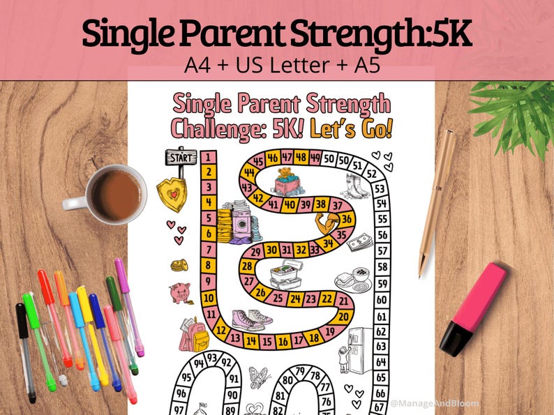 5K Savings Challenge for Single Parents | 100-Step Game Path to Color | Empowering Budget Tracker Printable
