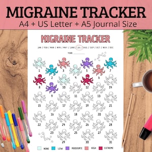 May include: Printable migraine tracker with a monthly calendar featuring colorful octopus illustrations. Each octopus represents a day of the month and can be colored in to track migraine severity. The severity levels are labeled as none, low, moderate, high, and extreme.