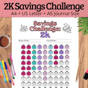 Peut inclure: Un tracker imprimable de défi d'épargne de 2 000 € avec un schéma de couleurs rose, violet et turquoise. Le tracker présente une grille de 45 porte-monnaie avec les numéros 5, 10, 15, 20, 25, 30, 40 et 50. Le texte "Savings Challenge: 2k" est en haut de la page.