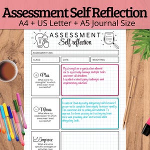 May include: A printable self-reflection worksheet with a grid pattern. The worksheet is titled "Assessment Self Reflection" and includes sections for "Plus", "Minus", and "Improve".