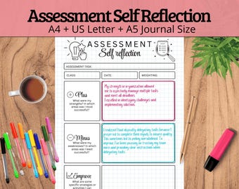 May include: A printable self-reflection worksheet with a grid pattern. The worksheet is titled "Assessment Self Reflection" and includes sections for "Plus", "Minus", and "Improve".