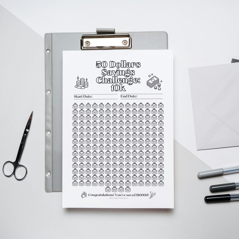 10k Savings Challenge Printable for 200 Envelopes, 50 Dollar Goal ...