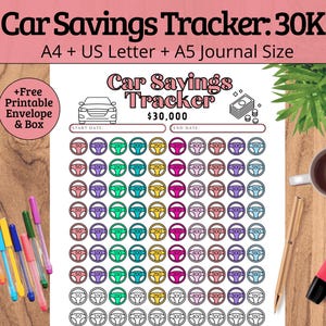 May include: A printable car savings tracker with the text "Car Savings Tracker $30,000". The tracker features a grid of steering wheel icons in various colors, designed to track savings progress. Includes a free printable envelope and box.