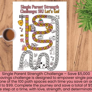 5K Savings Challenge for Single Parents | 100-Step Game Path to Color | Empowering Budget Tracker Printable