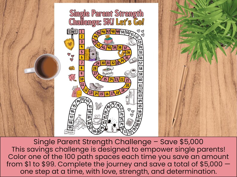 5K Savings Challenge for Single Parents | 100-Step Game Path to Color | Empowering Budget Tracker Printable