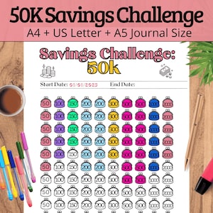 Peut inclure: Un tableau de suivi de défi d'épargne imprimable avec un fond rose et blanc. Le tableau présente une grille de porte-monnaie colorés avec des montants allant de 50 € à 2 000 €. Le texte "Savings Challenge: 50k" est en haut de la page. Le texte "Start Date: 01/01/2023" et "End Date:" se trouve sous le titre.