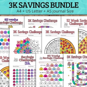 Pode incluir: Um conjunto de folhas de planejamento financeiro imprimíveis com o texto "3K SAVINGS BUNDLE". As folhas incluem desafios de economia com vários designs, incluindo um pote, uma mandala e um tabuleiro de jogo. Disponível nos tamanhos A4, US Letter e A5.