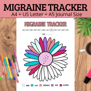 Peut inclure: Un suivi de migraine imprimable avec un motif de fleur coloré. Le suivi comprend un calendrier avec les mois de l'année et une section pour colorier la gravité des migraines. Les niveaux de gravité sont : Aucun, Faible, Modéré, Élevé et Extrême.