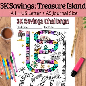 Peut inclure: Un plateau de jeu imprimable "3K Savings Challenge" sur le thème d'une île colorée. Le plateau présente un chemin de jeu avec des numéros de 5 à 55, un point de départ et un point d'arrivée, ainsi que diverses illustrations de trésors, d'un navire et d'une cabane. Le texte "3K Savings Challenge" est en haut du plateau, avec "Start Date" et "End Date" en dessous.