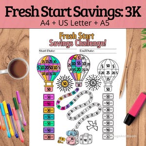 Puede incluir: Un imprimible de desafío de ahorro con el texto "Fresh Start Savings Challenge!" con globos aerostáticos coloridos, ilustraciones de dinero y un camino hacia el ahorro. Incluye bolígrafos, una taza de café y un resaltador sobre una superficie de madera.