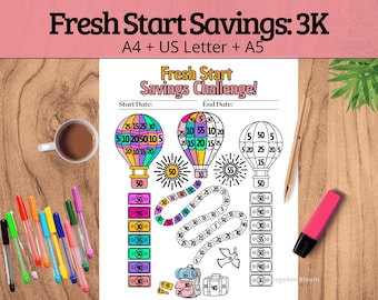 Fresh Start 3K Savings Challenge – Save 3,000 with 100 symbolic amounts to color (balloons, key, suitcase, bird, fireworks & more)