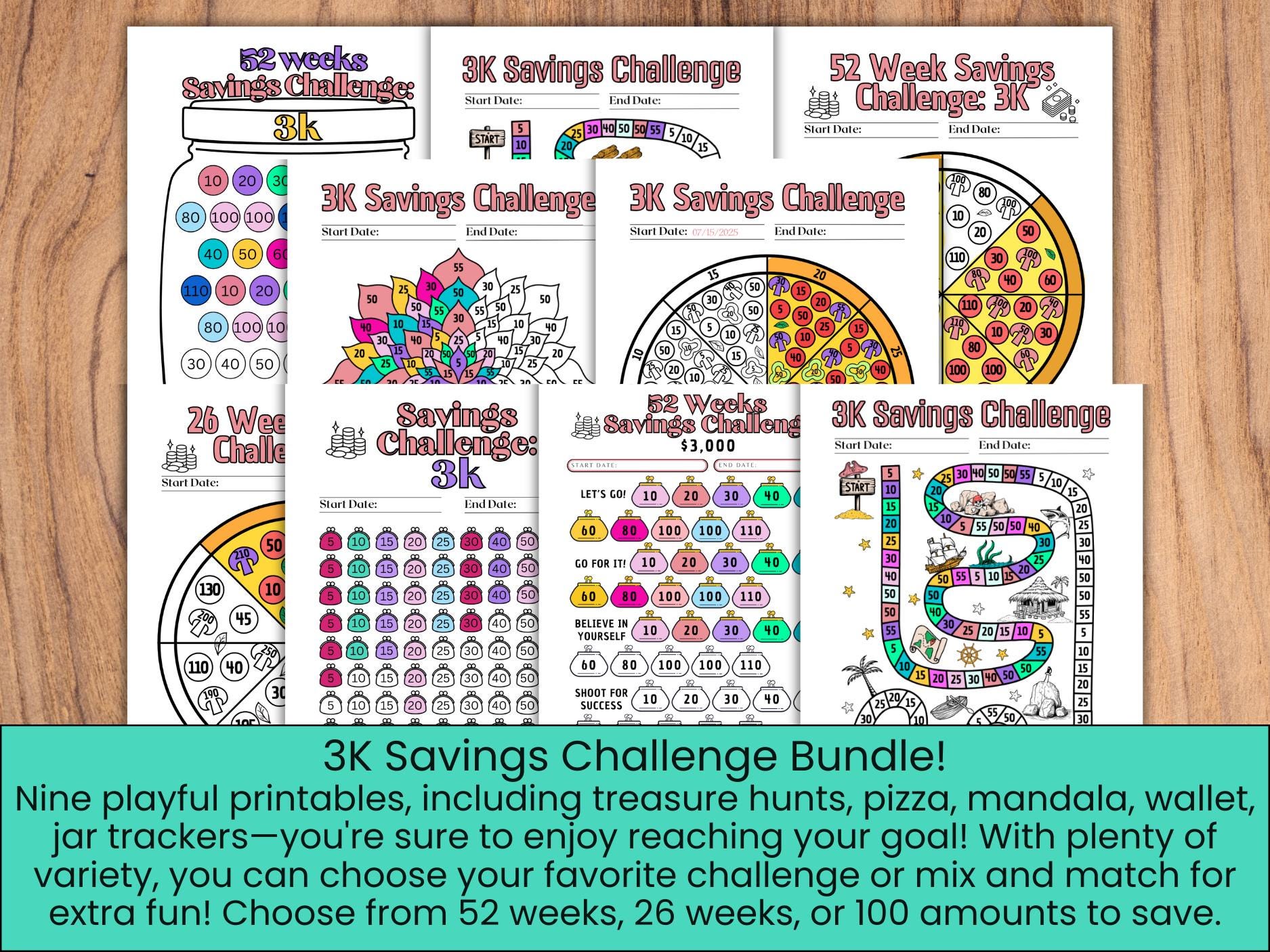 Fun Tracker Pass 3K Savings Challenge Bundle: 9 Fun Printable Trackers With Pizzas ...