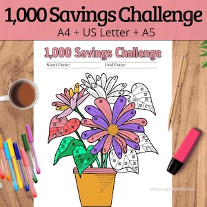 May include: A floral-themed savings challenge printable with the text "1,000 Savings Challenge". The image shows a coffee cup, pens, and a highlighter on a wooden surface. The printable is available in A4, US Letter, and A5 sizes. The design features a flower pot.