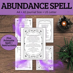 Puede incluir: Cinco páginas imprimibles de hechizos de abundancia con ilustraciones y texto en blanco y negro. Las páginas están sobre una superficie de madera con una vela y una planta en maceta.