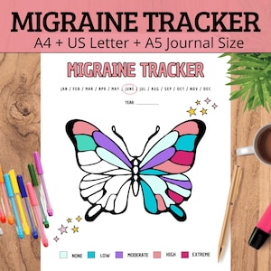 Peut inclure: Un suivi de migraine imprimable avec une illustration de papillon colorée. Le suivi comprend un calendrier pour suivre les migraines par gravité, avec des options pour aucune, faible, modérée, élevée et extrême.