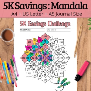 Peut inclure: Un mandala imprimable "5K Savings Challenge" avec un motif de fleur. Le mandala est divisé en sections avec différents montants en dollars, tels que 5 $, 10 $, 20 $, 50 $, 100 $ et 200 $. Le mandala est dans une variété de couleurs, y compris le rose, le bleu, le vert, le jaune et l'orange. Le mandala est entouré d'une bordure blanche avec le texte "5K Savings Challenge" en haut.
