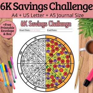 Può includere: Un foglio di lavoro stampabile 6K Savings Challenge con un grafico a forma di pizza diviso in otto fette. Ogni fetta ha un importo diverso di denaro da risparmiare, che va da 5 a 200 dollari. Il foglio di lavoro include una data di inizio e una data di fine per tenere traccia dei progressi.