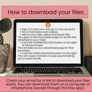 May include: A laptop screen displays instructions on how to download files from Etsy, with a cactus in a decorative pot on the left. The text includes steps for accessing downloads and a reminder to check email.