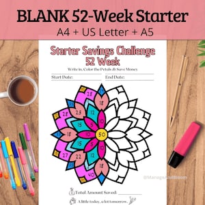May include: A white paper with a floral design for a 52-week savings challenge. The design is in pink, purple, and yellow, with numbers inside each petal. The text "BLANK 52-Week Starter" is at the top. Pens, a mug, and a highlighter are on a wooden surface.