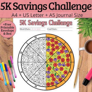 Peut inclure: Un imprimé de défi d'épargne 5K avec un design circulaire, divisé en sections avec des chiffres. Le texte "5K Savings Challenge" est en haut. Comprend des stylos, un surligneur et une tasse de café sur une surface en bois.