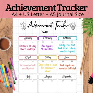 May include: A printable achievement tracker with a grid background. The tracker is divided into 12 months, with each month having a space to write down an achievement. The months are January, February, March, April, May, June, July, August, September, October, November, and December. The tracker is designed to help people track their progress and celebrate their accomplishments.
