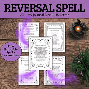 Peut inclure: Cinq pages de sorts imprimables avec du texte noir et blanc et des bordures décoratives. Les pages sont intitulées "Reversal Spell" et comprennent des instructions. Le texte est dans un style de police traditionnel.