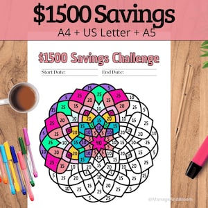 May include: A colourful $1500 Savings Challenge printable with a mandala design. The image includes pens, a highlighter, and a cup of coffee on a wooden surface. The text on the page reads "$1500 Savings Challenge".