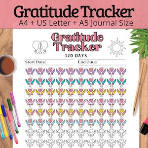 Peut inclure: Un suivi de gratitude imprimable avec un design coloré. Il présente un cœur avec des mains de chaque côté, un soleil et le texte "Gratitude Tracker 120 Days".