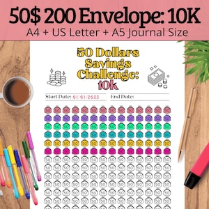 May include: A printable 50 dollar savings challenge tracker. The tracker is designed to help you save $10,000 by saving $50 at a time. The tracker has a start date of 01/01/2023 and an end date to be filled in. The tracker is designed to fit A4, US Letter, and A5 journal sizes.