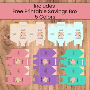 May include: A collection of five printable savings box designs in various colors, including beige, light blue, pink, purple, and teal. Each box features a piggy bank graphic with the words "Savings Challenge". The top banner reads "Includes Free Printable Savings Box 5 Colors".