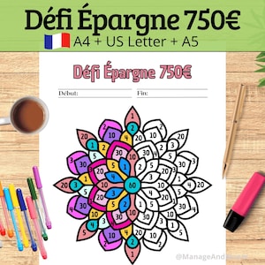 Könnte beinhalten: Ein farbenfrohes Spar-Challenge-Arbeitsblatt mit dem Text "Défi Épargne 750€" und einem floralen Design. Das Arbeitsblatt enthält eine Tasse Kaffee, Stifte und einen Textmarker auf einer Holzoberfläche.