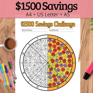 Puede incluir: Un imprimible de desafío de ahorro con un diseño de pizza, con secciones para cantidades de 5€ a 25€. La imagen incluye bolígrafos, una taza de café y un resaltador rosa sobre una superficie de madera. El texto dice "$1500 Savings Challenge".