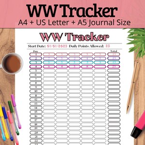 May include: A weight loss tracker with the title "WW Tracker" in pink and black. The tracker includes a grid for daily entries, a start date, and a daily points allowance. Colorful pens, a coffee cup, and a highlighter are on the wooden surface.