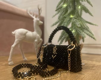 Sesil Design Black AB Crystal Evening Bag – Handmade Luxury Crossbody & Clutch – Gold-Plated Bead Accents – Elegant Evening Purse