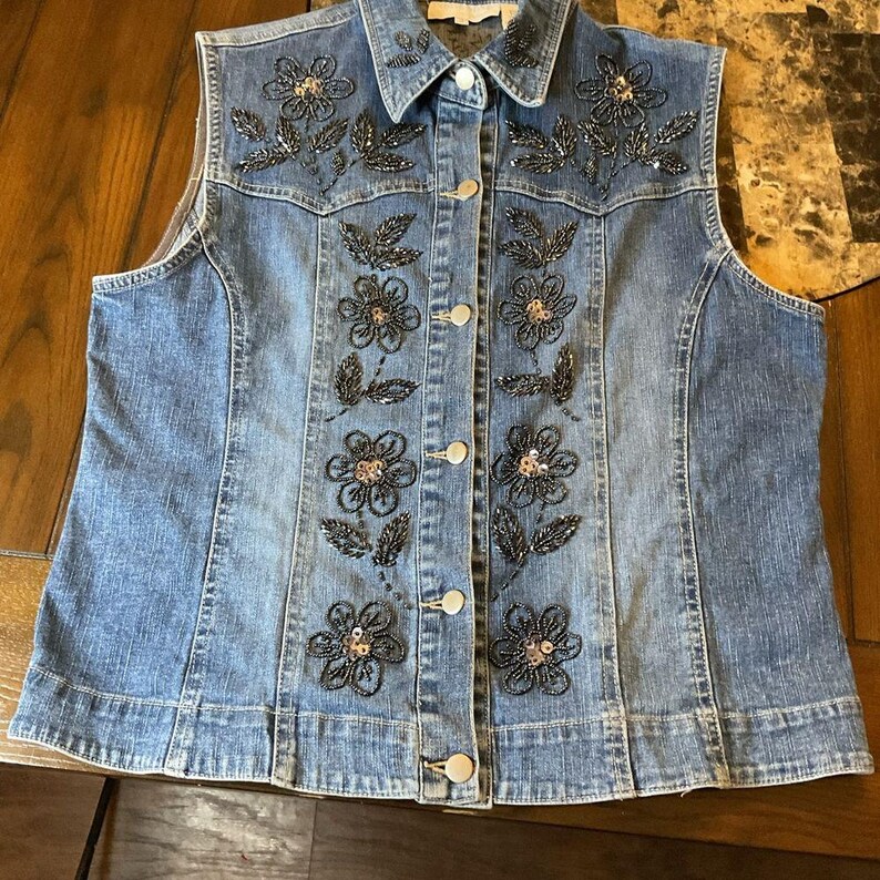 View of VINTAGE NORTH STYLE Distressed Denim Vest M - Etsy