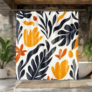 Organic Folk Art Tropical Shower Curtain Flowers Banana Leaves Teal Mango Yellow Orange Coral Bathroom Decor Modern Colorful Vibrant Style