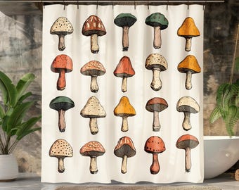 Pilz-Design-Duschvorhang mit buntem und weißem Natur-inspiriertem Badezimmer-Dekor-gemütlichem und charmantem Stil, perfekt für Cottagecore-Räume