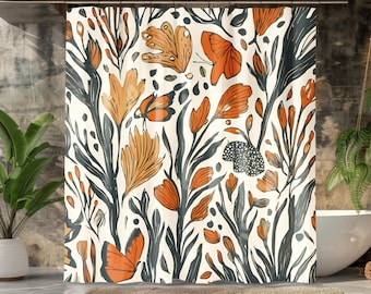 Floral Butterfly Shower Curtain: Terracotta Gold Botanical Bathroom Decor