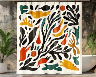 Organischer Geometrischer Duschvorhang mit buntem weißem Design-Natur inspiriertem Badezimmer-Dekor-künstlerischem einzigartigem Stil, perfekt für moderne Räume