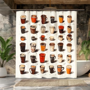 May include: A white shower curtain featuring a pattern of assorted coffee cups and mugs in various colours and styles. The cups are filled with coffee and some have lids. The background is white with a subtle texture.