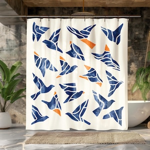Tenda da doccia origami uccelli con arredamento geometrico minimalista moderno astratto blu arancione e bianco stile bagno unico e artistico vibrante