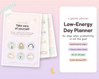 Könnte beinhalten: Ein digitales Planer-Set mit dem Titel A Gentle Planner: Take care of yourself, bestehend aus pastellfarbenen Seiten mit niedlichen Charakterillustrationen, sechs Planerseiten, drei Bonus-Stickerbögen sowie Angaben zu A5, A4 und US Letter.
