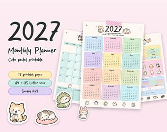 Könnte beinhalten: Ein 2027 Monatsplaner-Set zum Ausdrucken mit pastellfarbenen Kalenderseiten und Katzenillustrationen. Das Set enthält 13 Seiten in A4- und US-Letter-Größen mit einem Wochenstart am Sonntag. Katzensticker sind unter den Seiten abgebildet.